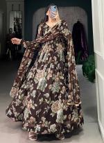 Marbel Brown Traditional Wear Printed Readymade Gown With Dupatta